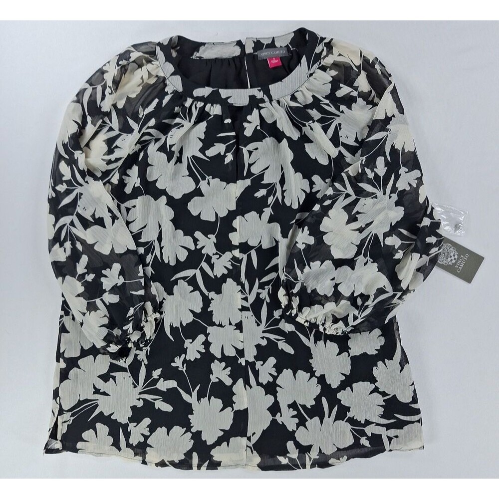 Vince Camuto Womens S Blouse Black White Floral Sheer Keyhole Balloon Sleeve NWT